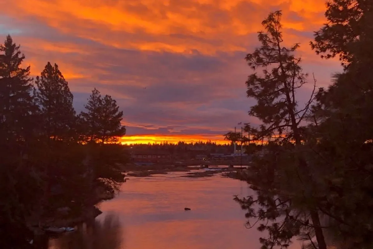 A breathtaking view of a vibrant sunset over a calm river, with silhouetted trees framing the scene. The tranquil setting spotlights the natural beauty and peaceful moments available throughout the seasons.